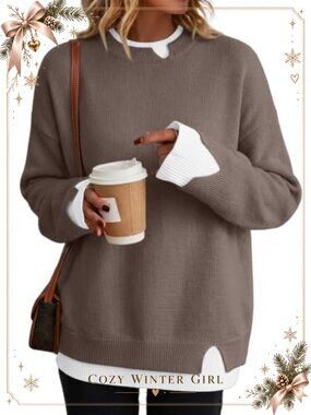 Oversized Patchwork Pullover Sweater Crew Neck Slit Cuffs